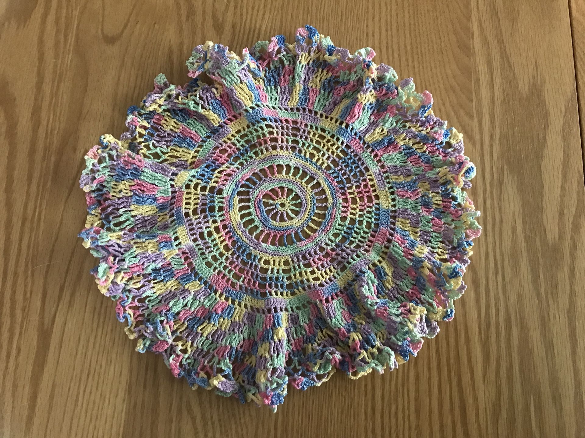 2 vintage hand crocheted round multi doilies 9” diameter