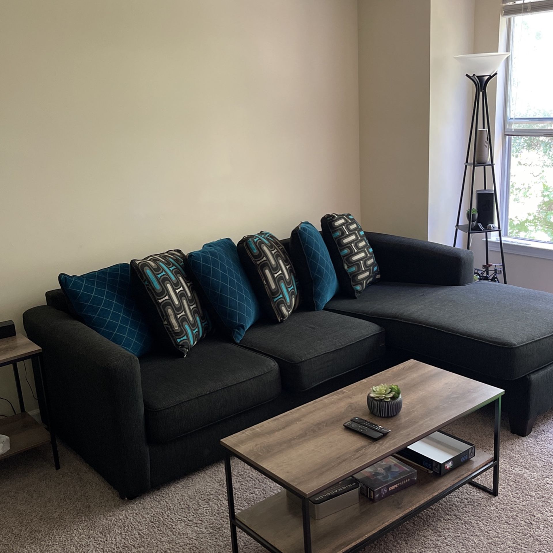 Black 2 Set Couch W/ Blue/Black/Tan Pillows