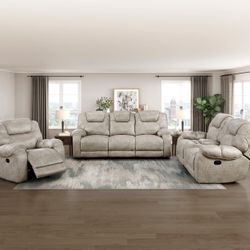 Tan 3pc Sofa & Loveseat + Recline Chair Set - Free Delivery Promo 