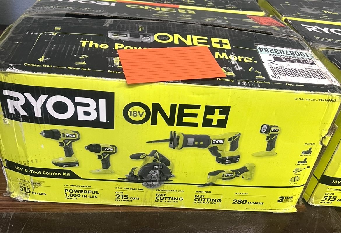 Tool Combo Kit RYOBI ONE+ 18V Cordless 6-Tool Combo Kit with 1.5 Ah Battery, 4.0 Ah Battery, and Charger Retail price $300 Your price $190