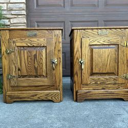 PAIR of Vintage WHITE CLAD Solid Oak Icebox Cabinet with original hardware