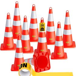 10x 28” Orange Safety Cones w/ Reflective Collars + Caution Tape – Heavy-Duty PVC