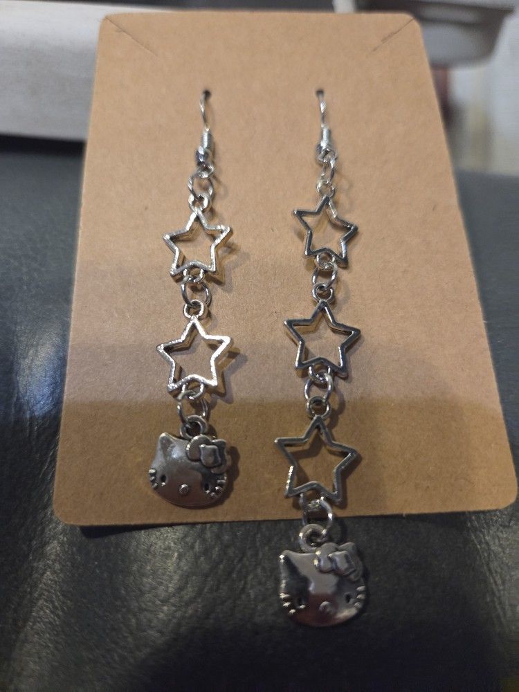 Silvertone Hello Kitty Star Dangle Earrings