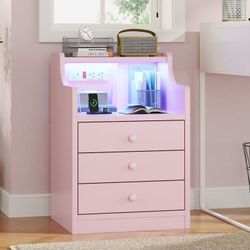 Afuhokles Nightstand with Charging Station and LED Lights, Night Stand with Hutch and Storage Drawers, Pink
