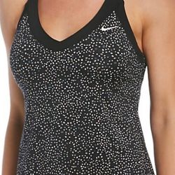 NWT Nike Water Dots V Neck Tankini Swim Top L Built In Shelf Bra in Black Grey