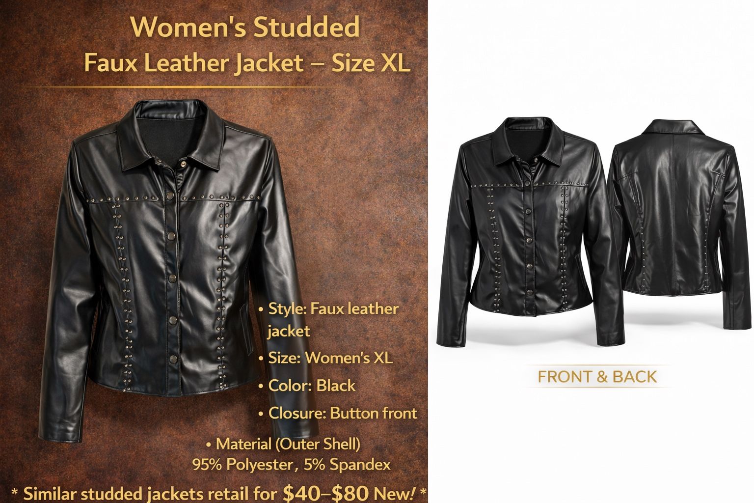 Women’s Studded Faux Leather Jacket – Size XL