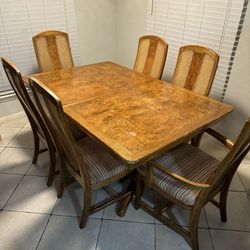 Vintage Mid Century Modern Style Veneer Maple Walnut Dining Expandable Table Set With Cane & Burl Splat Chairs