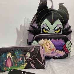 NWT Disney Maleficent Sleeping Beauty Loungefly Mini Backpack + Wallet 