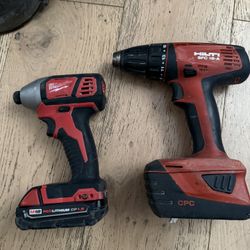 Milwaukee Impact And Hilti Drill With Batteries 
