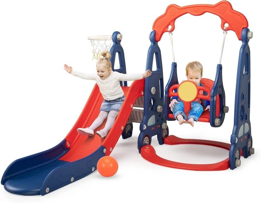 "Kids Slide, 5-in-1 Slide and Swing Set Outdoor Slide Set with Basketball Hoop, NEW 
B1-38T
Brand new in box "