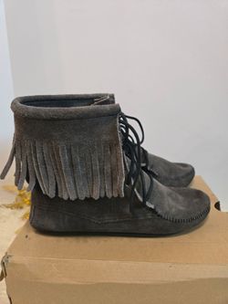 Gray Suede Fringe Moccasin Ankle Boots