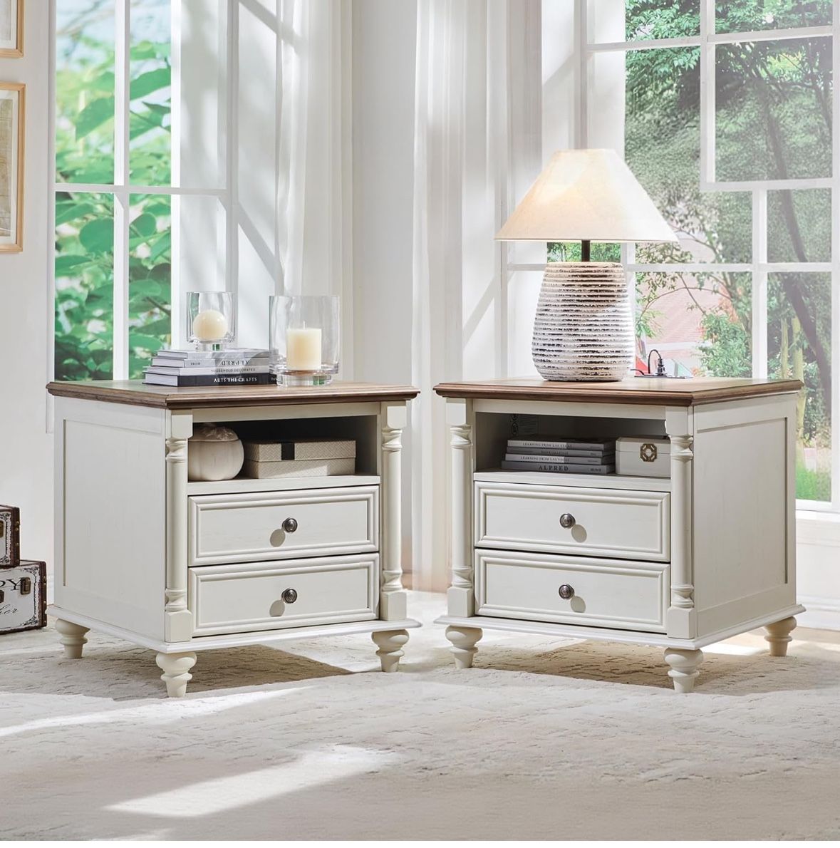 24'' Farmhouse End Table w/4 Solid Wood Feet Set of 2, Large 2 Drawers Sofa Side Table with Charging Station, Rustic Wood Square Nightstand for Living