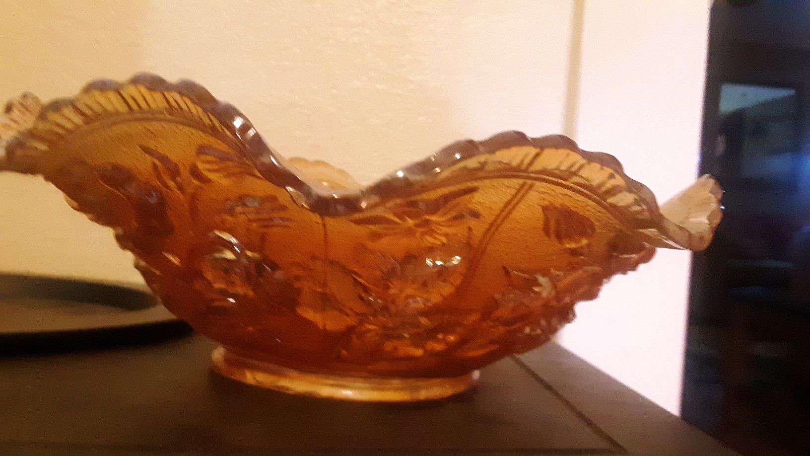 Amber Carnival Glass scalloped serving bowl