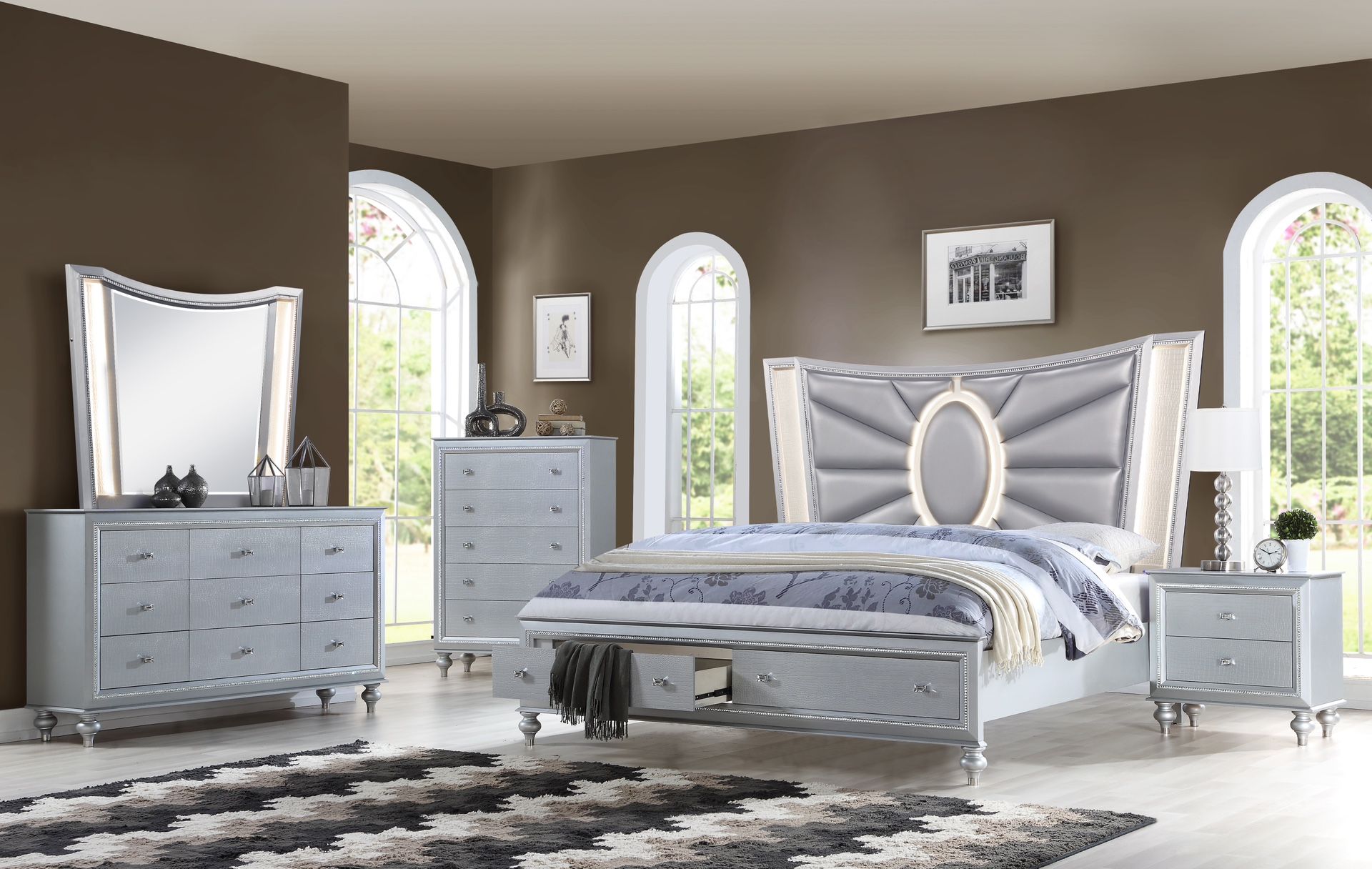 New Queen LED Bedroom 5 Pc Set Bed,dre,mir,nigh,chest