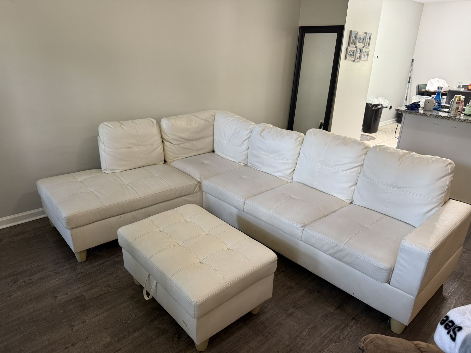 White Faux Leather Sectional with Ottoman 