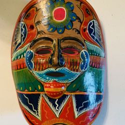 Mexican Talavera Hand Painted Terra Cotta Clay Mask - Folk Art Wall Hanging