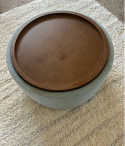 NEW Round Storage Ottoman Coffee Table w/ Wood Tray – Light Blue