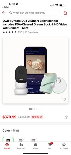 Owlet Dream Duo 2 Smart Baby Monitor - Includes FDA-Cleared Dream Sock & HD Video Camera