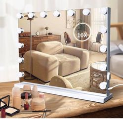 Espejos Hollywood Vanity Mirror with Lights, 15 Dimmable LED Bulbs 3 Color Lighted Makeup Mirror with Detachable 10X Magnification Mirror, Tabletop or