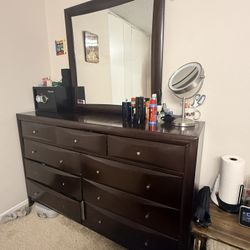 Dark Wood Dresser with Large Mirror – 