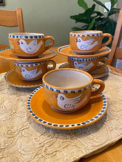 Vietri Campagna Uccello cup & saucer sets. (5 total).Italy ! Orange & blubird design. Southwest look