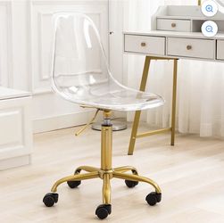 HOMEFUN Clear Desk Chair, Acrylic Rolling Armless Vanity Swivel Height Adjustable Ghost Molded Plastic Home Office Chairs with Golden Feet