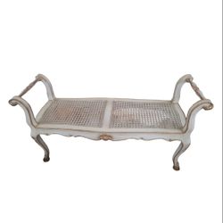 French Provincial Bench / Settee Distressed White Gold Accent