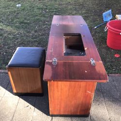 Antique Wooden Sewing Machine Desk With Chair