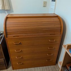 Mid Century Modern teak (veneer) tambour roll top secretary desk 