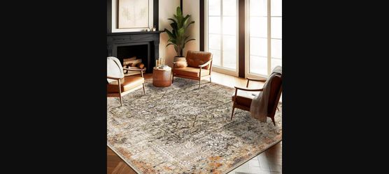 Khaki & Black 9x12 Washable Non-Slip Vintage Distressed Floral Area Rug