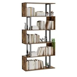 Rustic Brown 5-Tier Geometric Bookcase S Shaped Wood Decorative Storage Shelving Retails $99