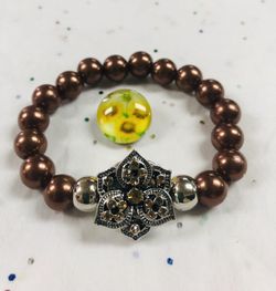 Bronze faux pearl snap button bracelet