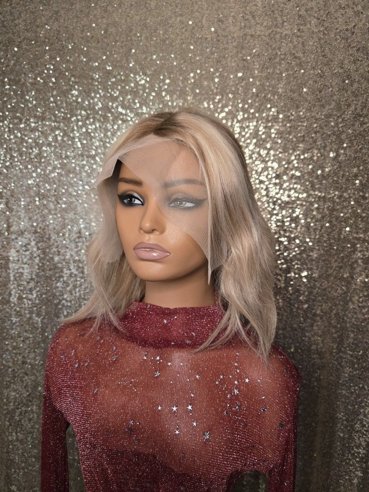 12" Blonde Human Hair Wig Balayage Lace Front New