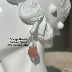 Orange Garnet Genuine Faceted Stone .925 Sterling Silver Earrings