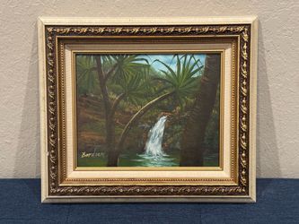 Fine c1960s Hawaiian Tropical Waterfall Oil Painting by Bardeen