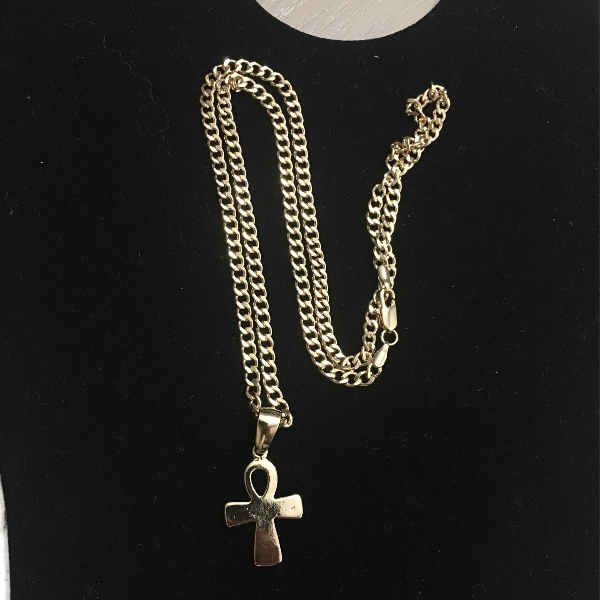 24 Inch 14k Gold Bonded Cuban Link Chain Set With Onk Cross For Sale