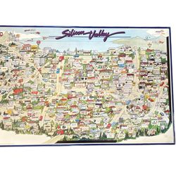 Vintage 1985 Silicon Valley Framed Art Poster Birds Eye View Map Tech Start Ups
