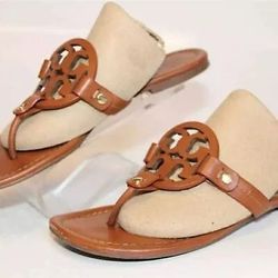 Tory Burch Designer Miller Sandals Women Vachetta Leather Flat Thongs Size 6.5