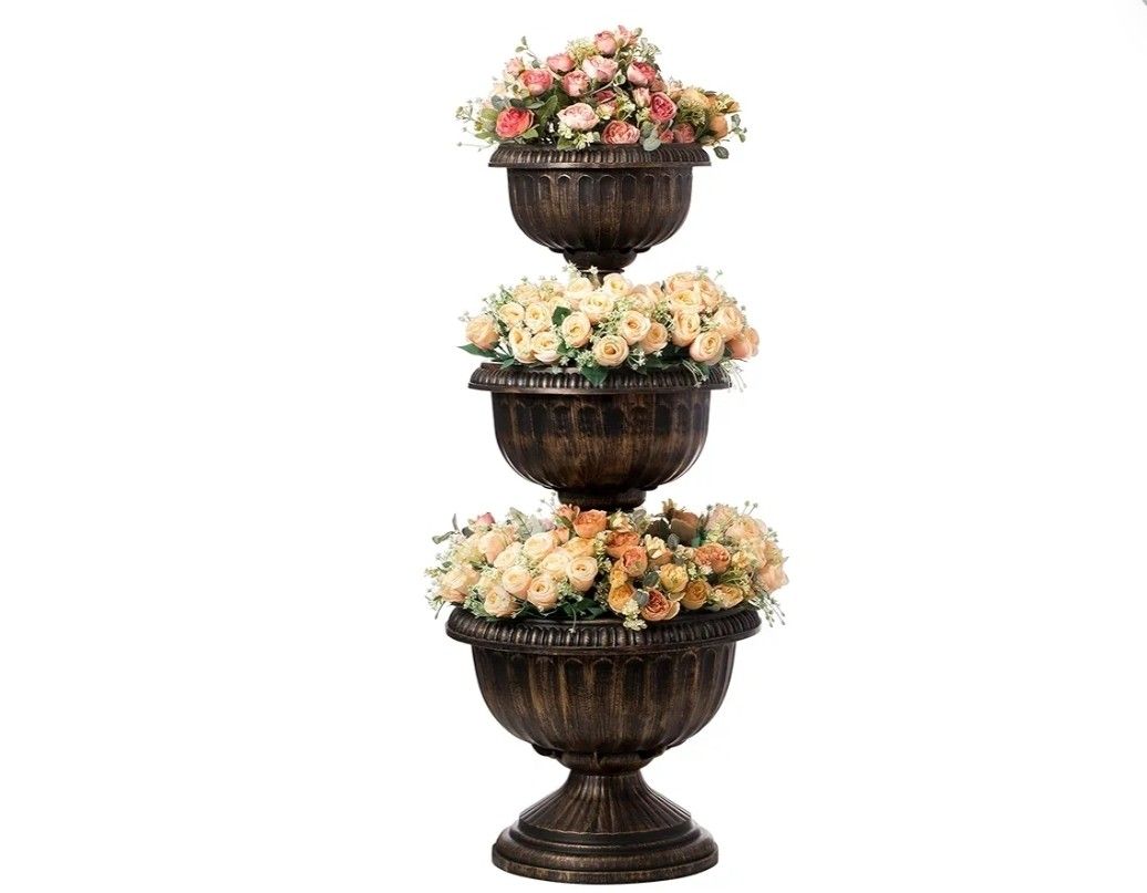 Gardenised Outdoor Garden Triple Stacked Flower Bowl Urn Tier Planter Decoration, Bronze