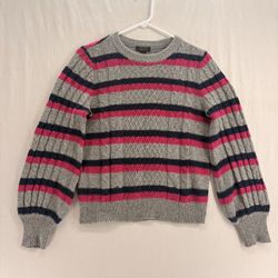 Halogen x Atlantic Pacific Sweater Womens M Gray Pink Navy Striped Cable Knit