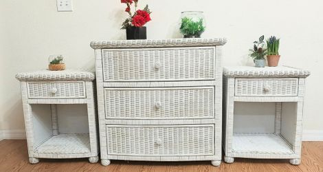 Set of 3 - Ivory White Wicker Dresser and Pair of 2 Nightstands Cottage Coastal Tropical Rattan Shabby