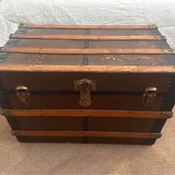 antique flat-top wood steamer trunk