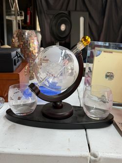 Glass Globe Ship Decanter Set with 2 Glasses – World Map Bar Decor