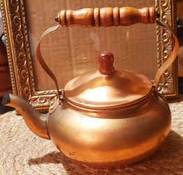 VINTAGE COPPER KETTLE POT TEAPOT W/ LID & WOOD HANDLE 