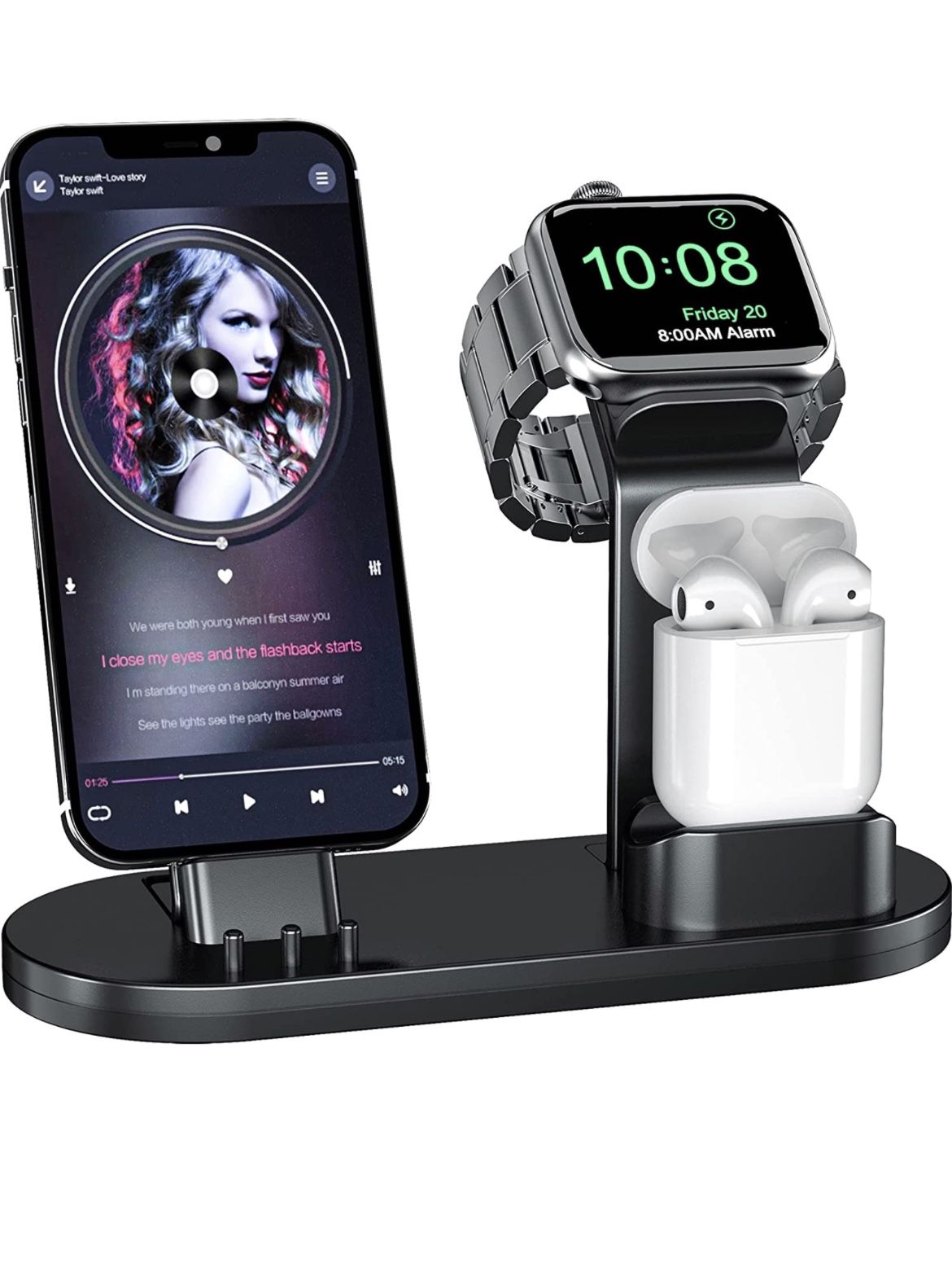 OLEBR 3 in 1 Charging Stand Compatible with i-Watch SE/6/5 /4/3 /2/1, Air-Pods Pro and Phone Series 12/11/ X /8/7 /6S /5(Original Cable Required) Blac