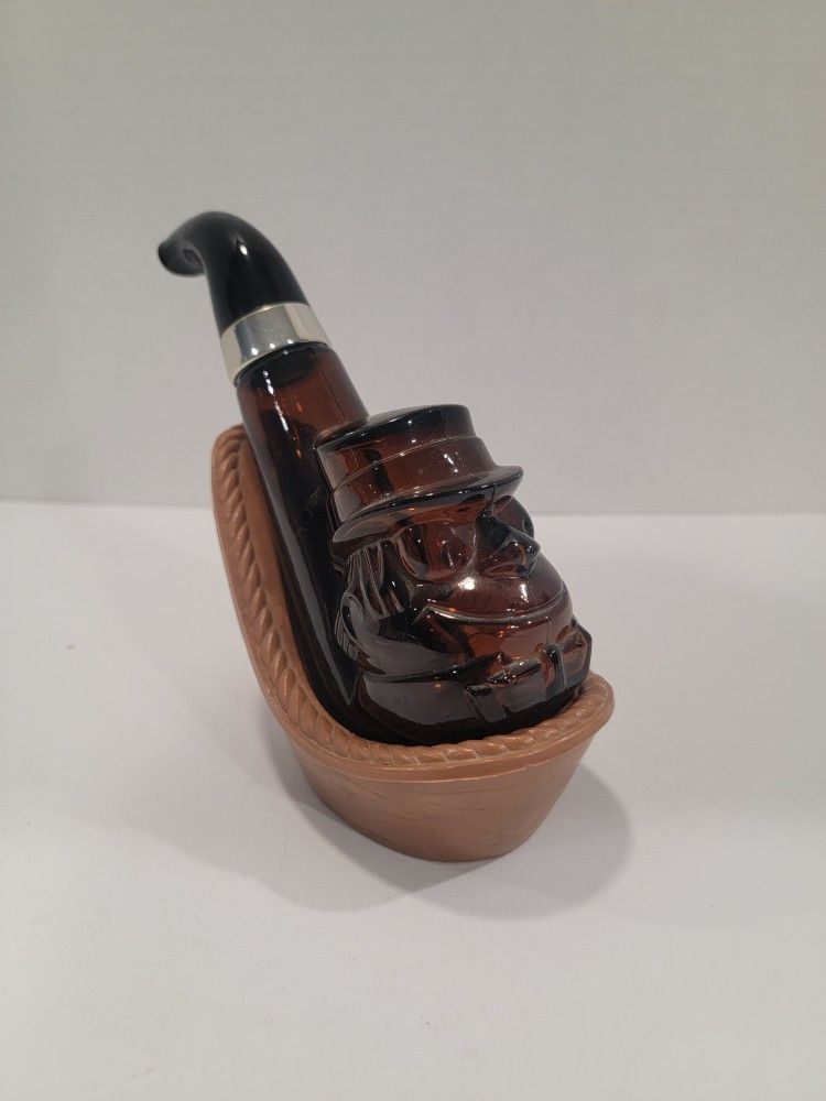Vintage Avon Amber Glass Leprechaun Pipe Leather After Shave in Craddle, Empty