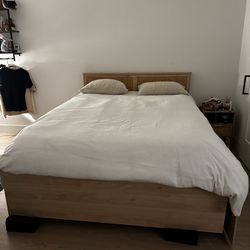 Queen Bed Frame w/ Storage + Mattress + Bedding Bundle (Must Go!)