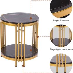 Round End Table,Round Side Table with Black Faux Marble Top,Bed Side Table/NightStand with Storage Shelves,Gold Side Table End Table Indoor for Living