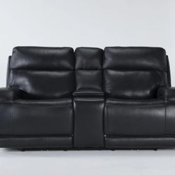 Navy leather reclining love seat