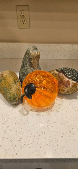 Hand-Blown Glass Pumpkin Figurine & ceramic vegetables